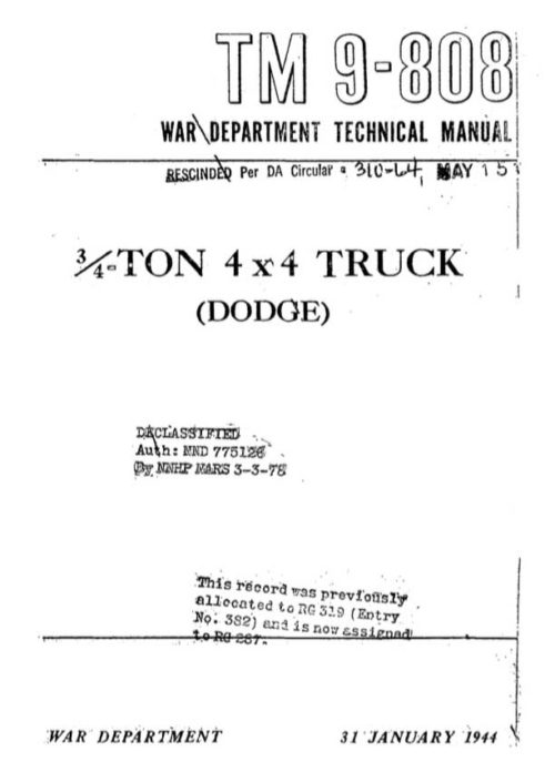 1944 Dodge "W" Series 4x4 Military Pickup Truck Shop Manual PDF