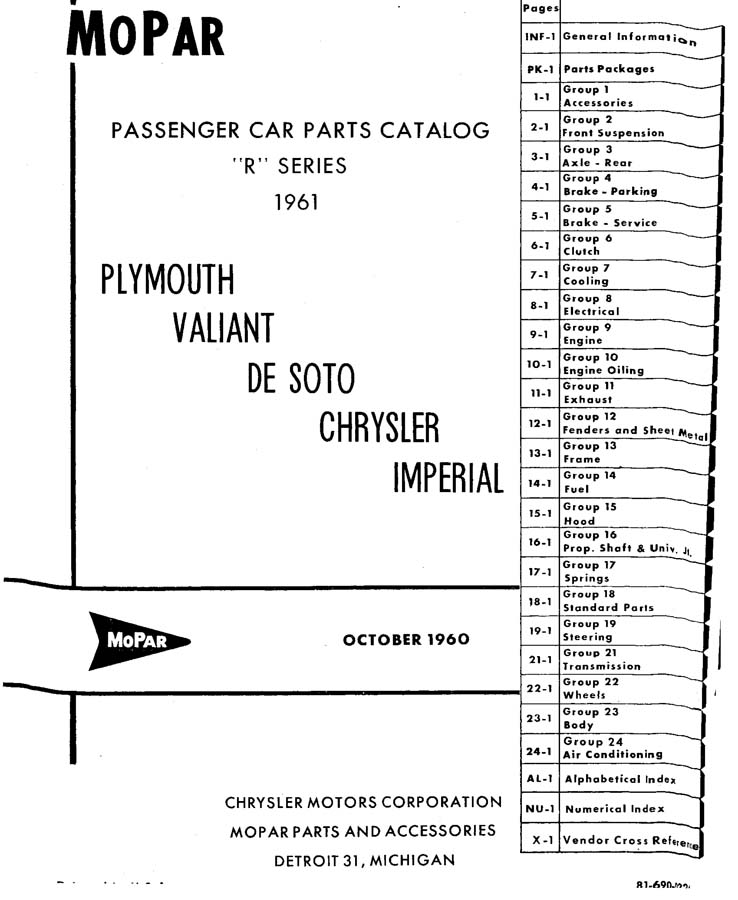 Imperial MoPar Factory Parts Manual for 1961 Plymouth Chrysler DeSoto 