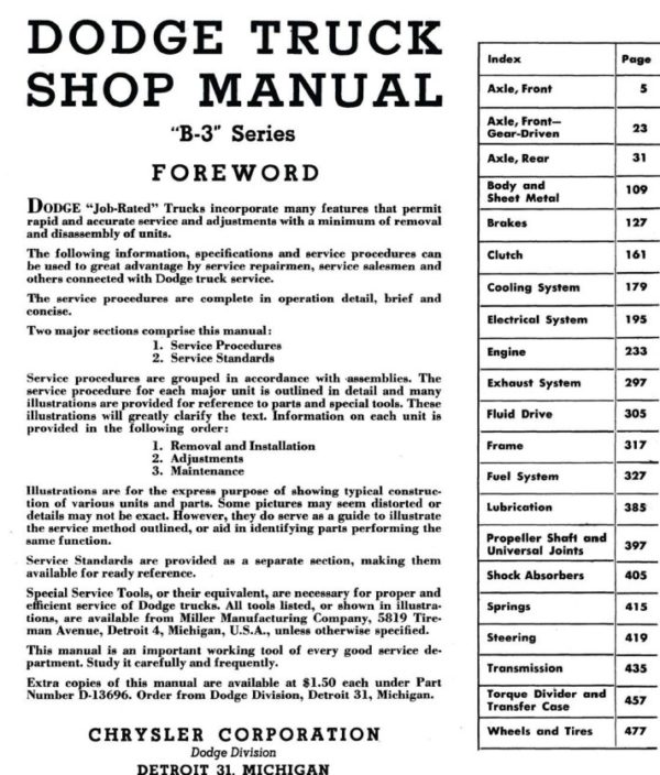 1951-1952 Dodge B-3 "Pilot House" Series Pickup Truck﻿ Shop Manual PDF - Image 4